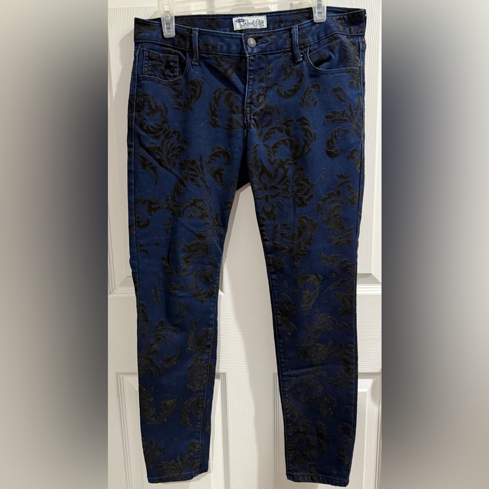 Old Navy Blue and Black Rock Star Floral Velvet Burnout Patterned Jeans